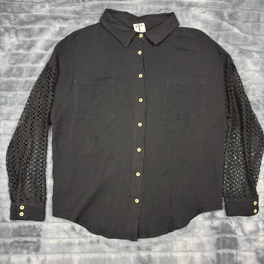 Rain + Rose Black Cotton Gauze Crochet Lace Sleeve Button Front Blouse OR5223L L